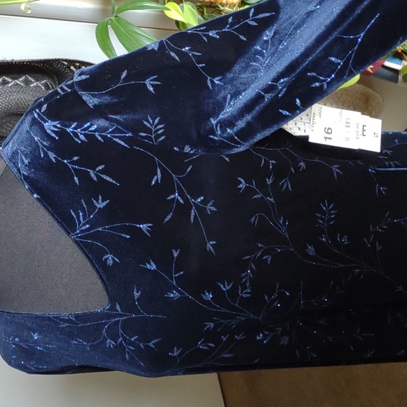 Worthington Blue Glitter Leaf Vine Velvet Long Maxi Dress NWT Practical Magic - Picture 6 of 8